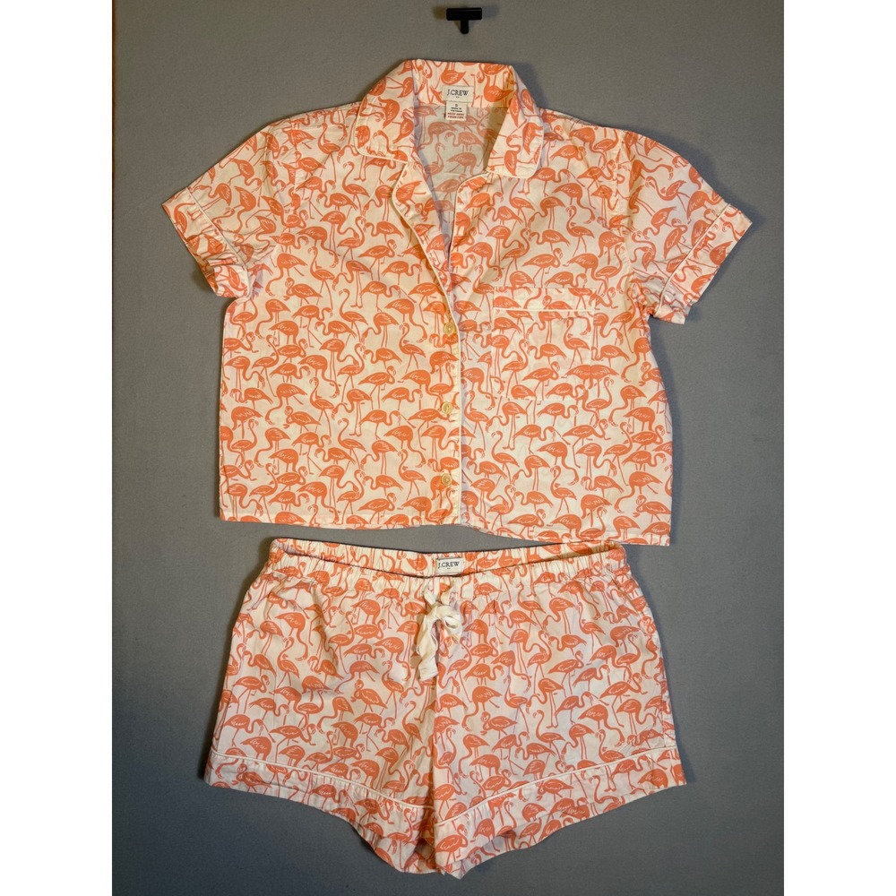 J.Crew Flamingo Print Pajama Set Short Sleeve Button Down Shorts Orange Small